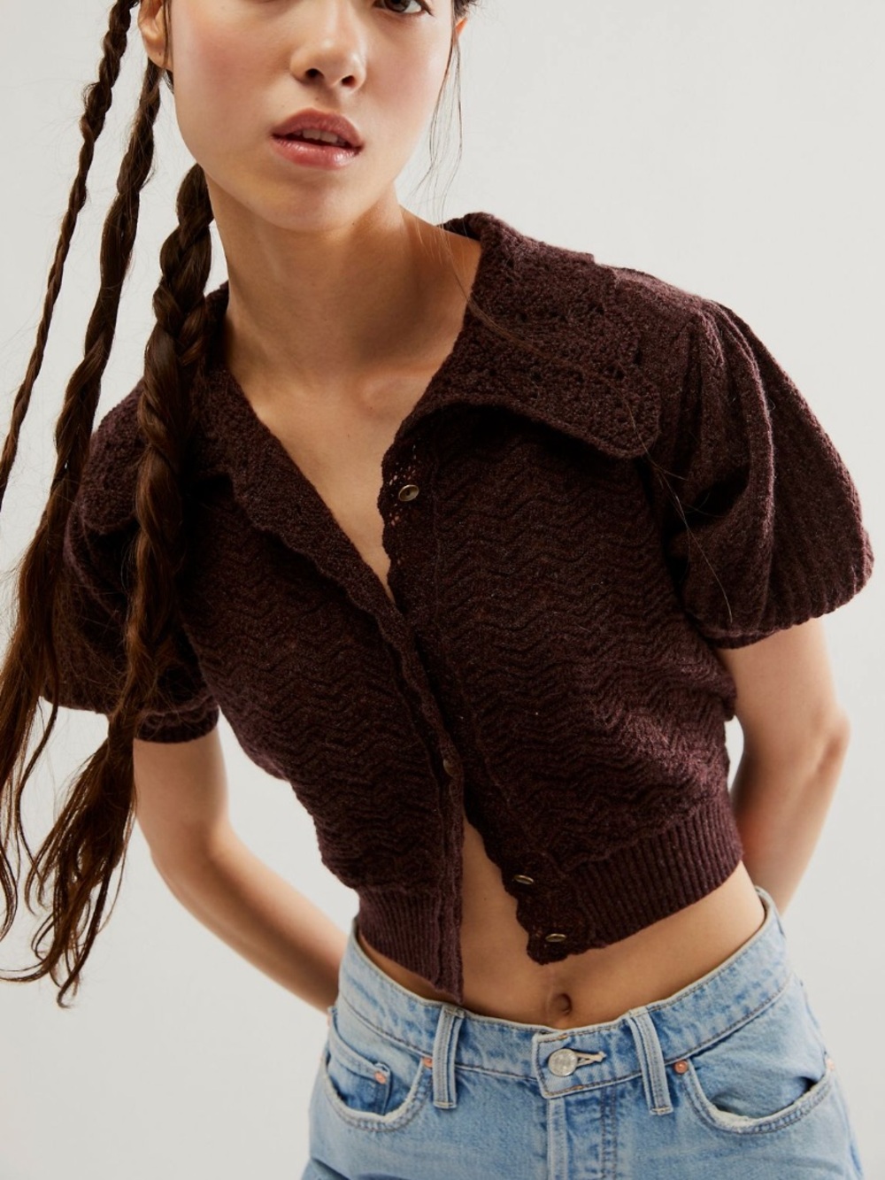 Free People Edie Cashmere Cardigan Fudge Brown Short Sleeve Sweater XS NEW NWT